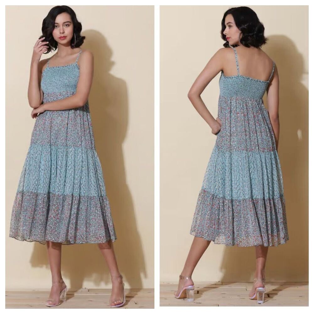 LABEL RITU KUMAR Blue Floral Printed Maxi Dress Size Small